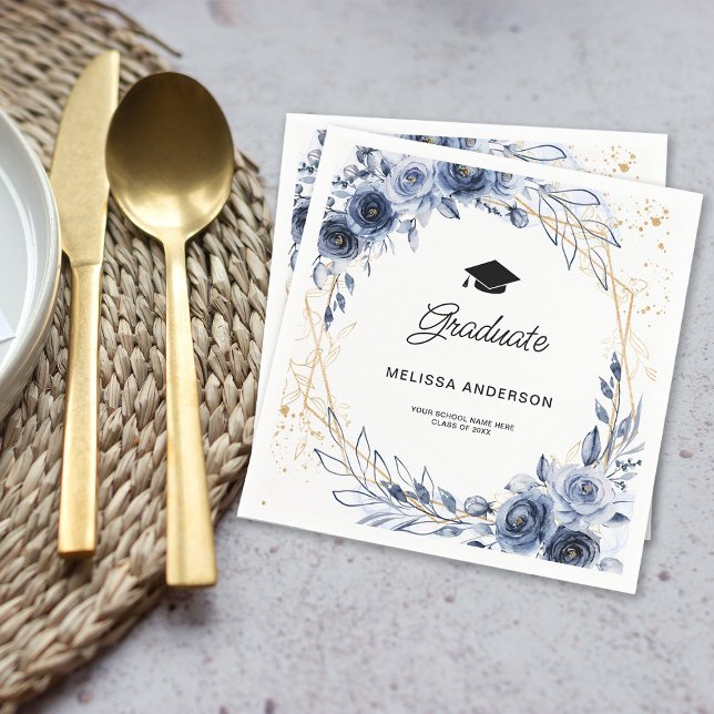 Graduate Navy Blue Flowers Napkin (Creator Uploaded)