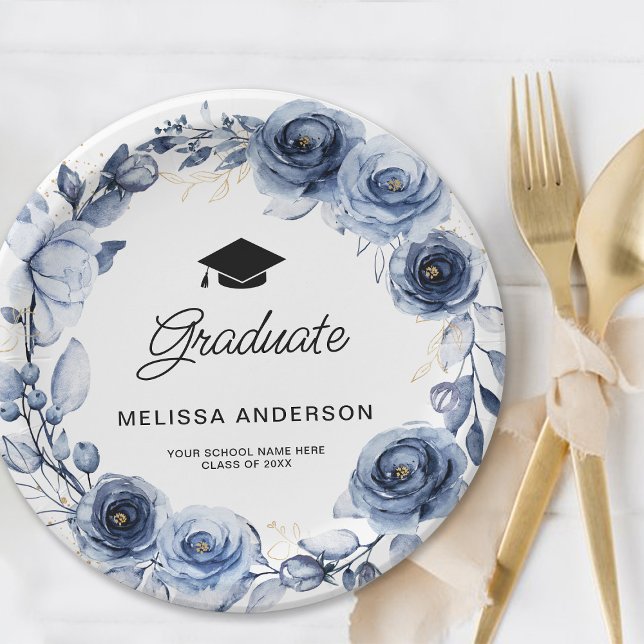 Graduate Navy Blue Flowers Paper Plate (Creator Uploaded)