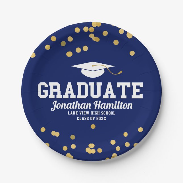 Graduate Navy Blue Gold Confetti Graduation Party Paper Plate (Front)