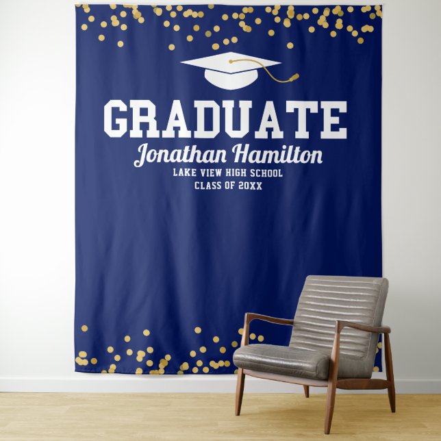 Graduate Navy Blue Graduation Party Backdrop Tapestry (In Situ)