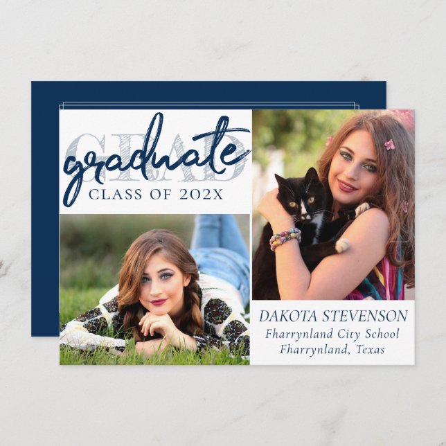 Graduate Navy Script | Dark Blue 2 Photo Keepsake Invitation (Front/Back)
