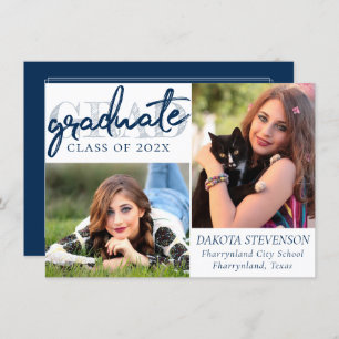 Graduate Navy Script Dark Blue 2 Photo Keepsake Invitation