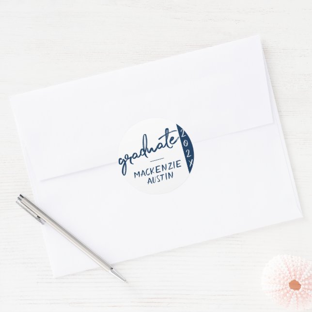 Graduate Navy Script | Dark Blue Brush Keepsake Classic Round Sticker (Envelope)