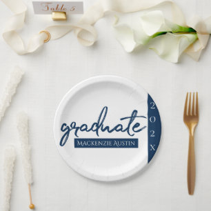 Graduate Navy Script   Dark Blue Brush Keepsake Paper Plate