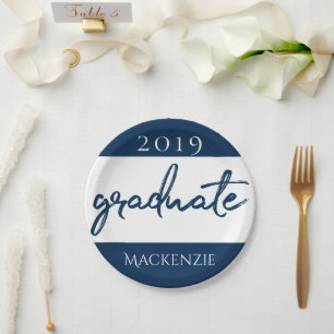 Graduate Navy Script Dark Blue Brush Keepsake Paper Plate
