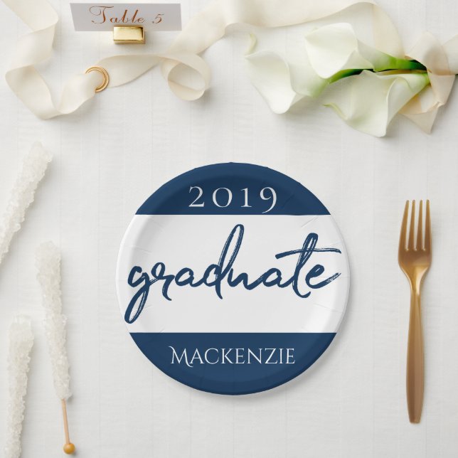 Graduate Navy Script | Dark Blue Brush Keepsake Paper Plate (Wedding)