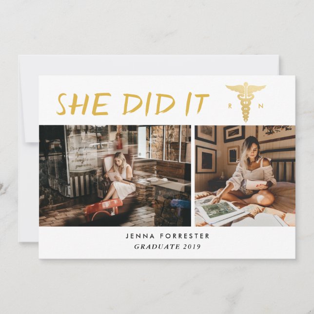 Graduate Nursing School She Did It Script Photo Invitation (Front)