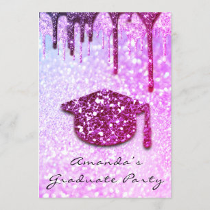 Graduate Party  Drip Cap 3D Holograph Glitter Pink Invitation