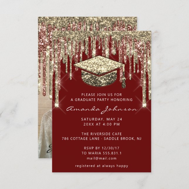 Graduate Party Drips Glitter Photo Burgundy Gold  Invitation (Front/Back)