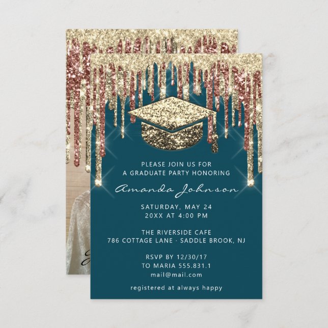 Graduate Party Drips Glitter Photo Teal Gold  Invitation (Front/Back)