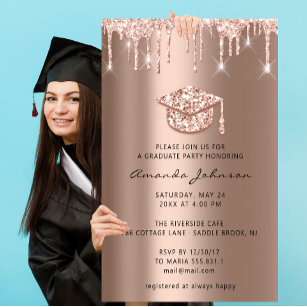 Graduate Party Drips Rose Gold Cap 3D Blush Invitation
