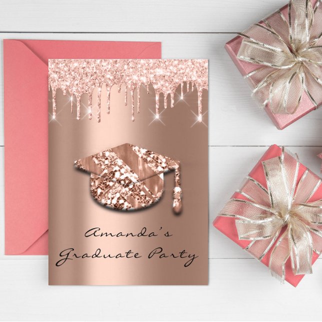 Graduate Party Drips Rose Gold Cap 3D Glam Invitation (Graduate Party Drips Rose Gold Cap 3D Glam Invitation)