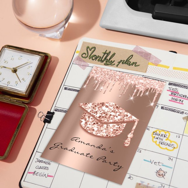 Graduate Party Drips Rose Gold Cap 3D Glamy Invitation (Graduate Party Drips Rose Gold Cap 3D Glamy Invitation)