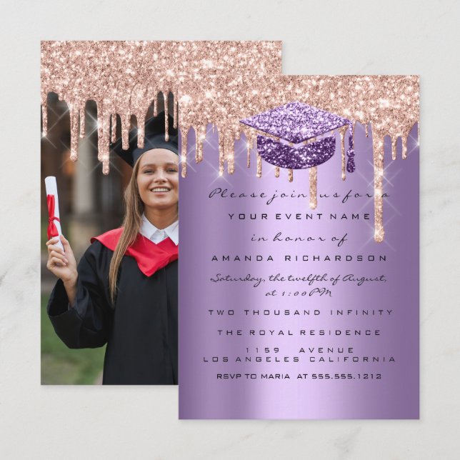 Graduate Party Glitter Drips Purple Rose Photo Invitation (Front/Back)