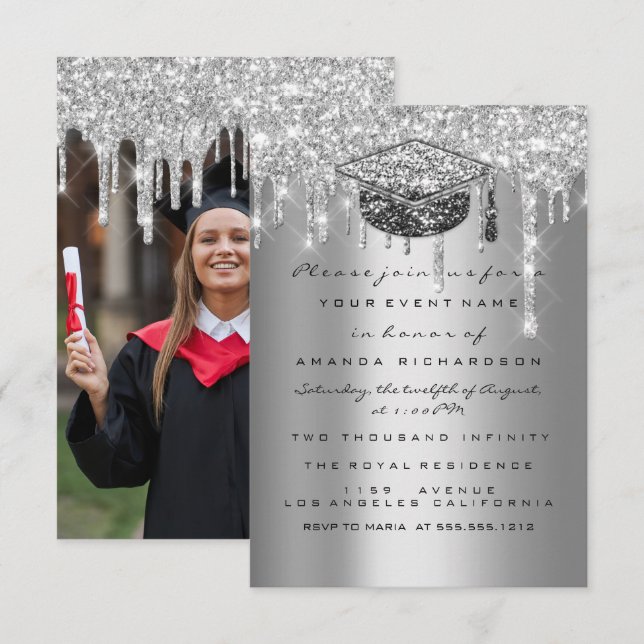 Graduate Party Glitter Silver Grey Drip Gold Photo Invitation (Front/Back)