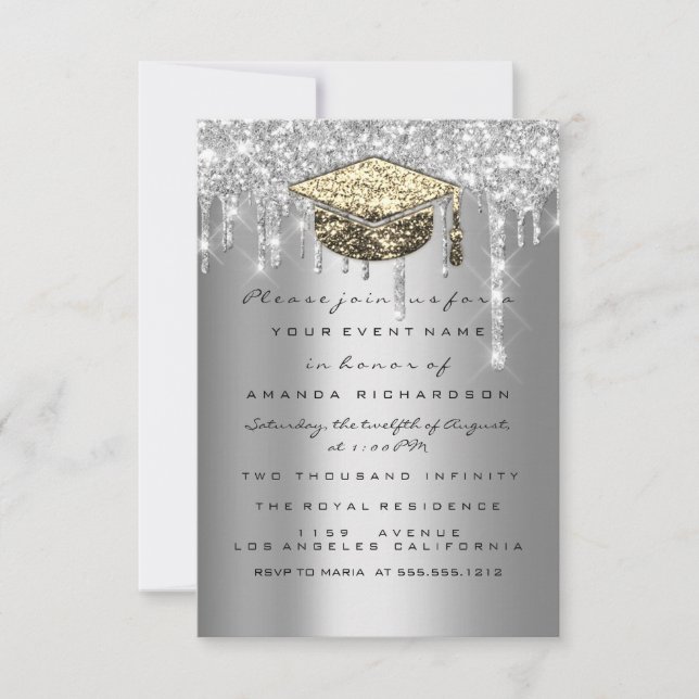 Graduate Party Glitter Silver Grey Drips Gold Invitation (Front)