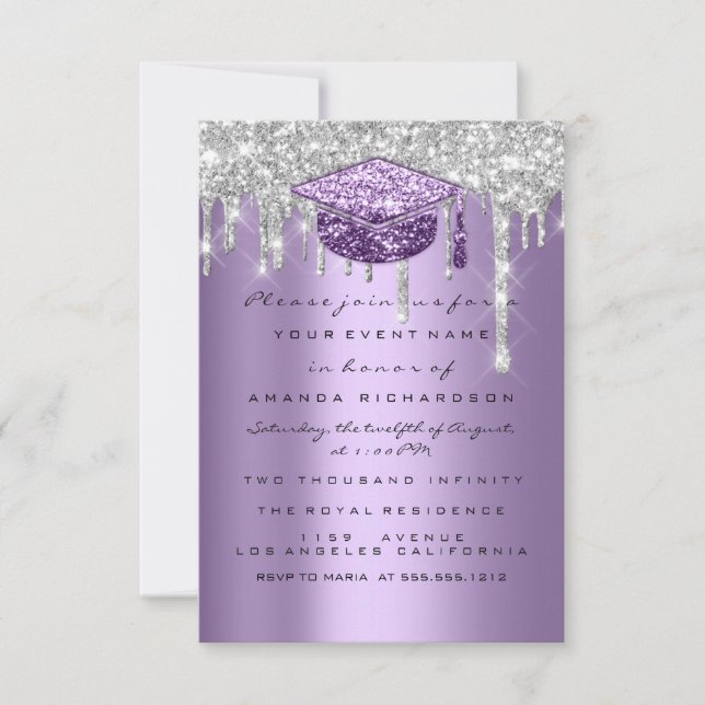 Graduate Party Glitter Silver Grey Drips Purple Invitation (Front)