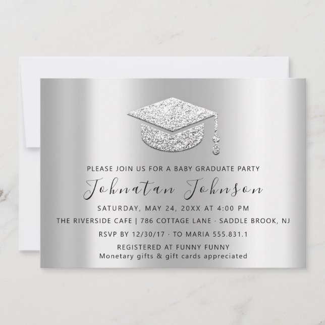 Graduate Party Student Silver Grey Grey Barret Invitation (Front)