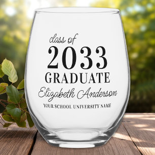 Graduate Personalised Name Year School Graduation Stemless Wine Glass