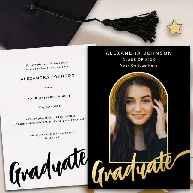 Graduate Photo Arch Stylish Script Black Gold (Elegant arch graduate photo black and gold foil script Graduation announcement card)