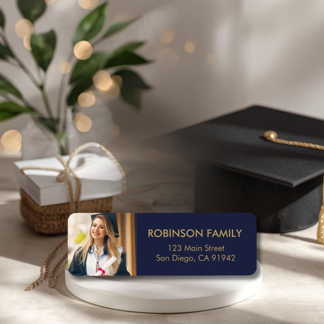 Graduate Photo Blue Gold Script Return Address (Creator Uploaded)