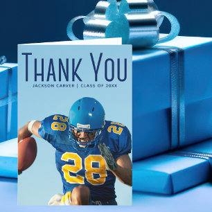 Graduate Photo Blue Script Overlay Football Player Thank You Card