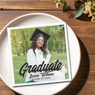 Graduate Photo Bold Black Script Graduation Party Napkin