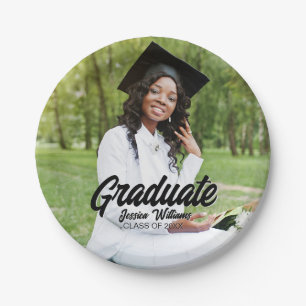 Graduate Photo Bold Black Script Graduation Party Paper Plate
