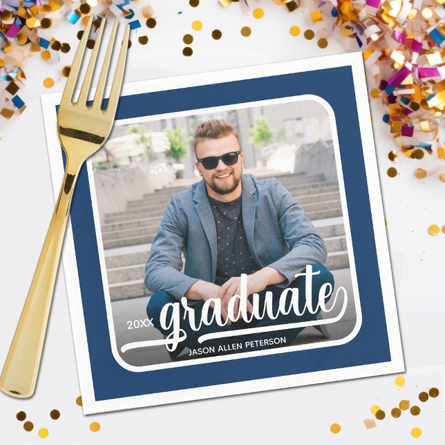 Graduate Photo Bold Script Blue Party Napkin (Your photo, name, class year and "Graduate" in a cool script on blue background party napkins)