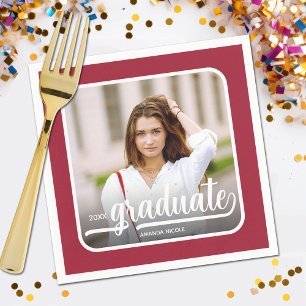 Graduate Photo Bold Script Crimson  Napkin