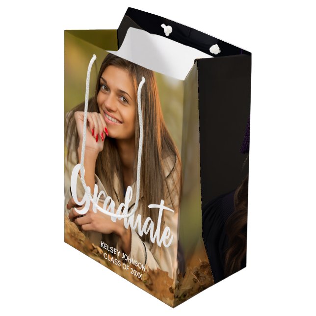 Graduate Photo Bold Script Custom Graduation Medium Gift Bag (Front Angled)