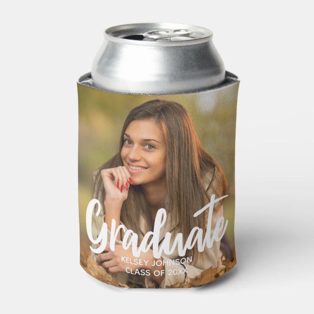 Graduate Photo Bold Script Custom Graduation Party Can Cooler (Can Front)