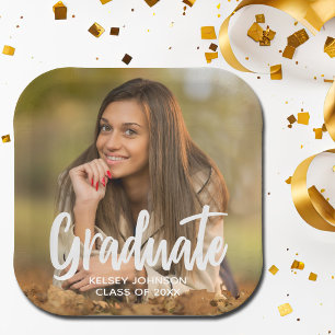 Graduate Photo Bold Script Custom Graduation Party Paper Plate