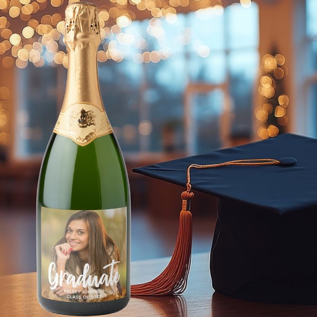 Graduate Photo Bold Script Custom Graduation Party Sparkling Wine Label (Creator Uploaded)
