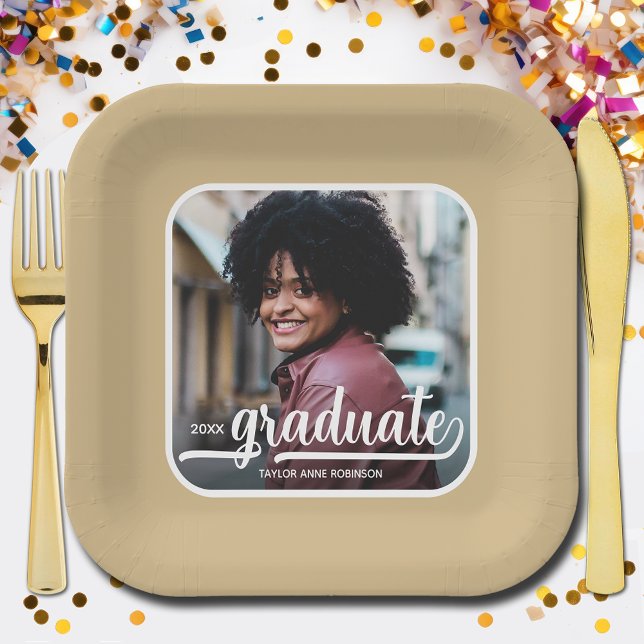 Graduate Photo Bold Script Gold Graduation Paper Plate (Photo graduation gold square paper plates)