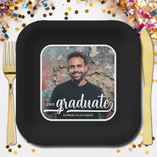 Graduate Photo Bold Script Graduation Party Black Paper Plate