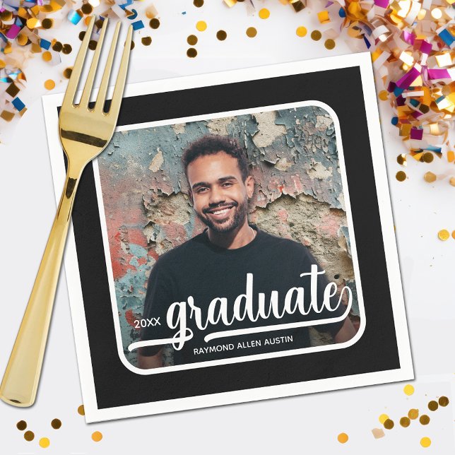 Graduate Photo Bold Script Graduation Party Napkin (Your photo, name, class year and "Graduate" in a cool script on black background party napkins)