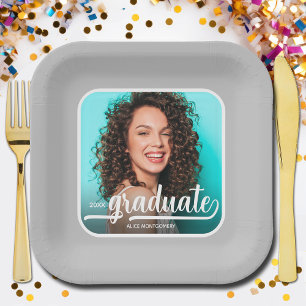 Graduate Photo Bold Script Gray Graduation Paper Plate