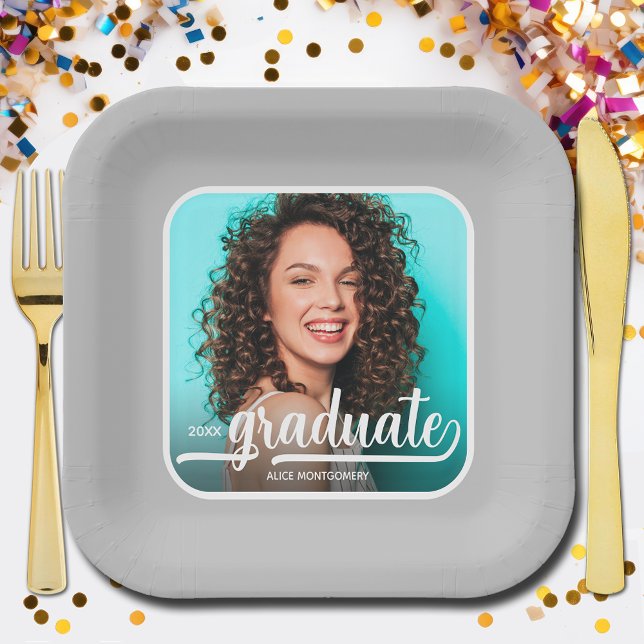 Graduate Photo Bold Script Grey Graduation Paper Plate (Photo graduation silver square paper plates)