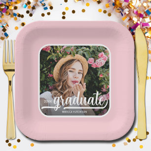 Graduate Photo Bold Script Pink Graduation Paper Plate