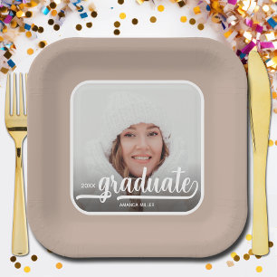 Graduate Photo Bold Script Taupe Graduation Paper Plate