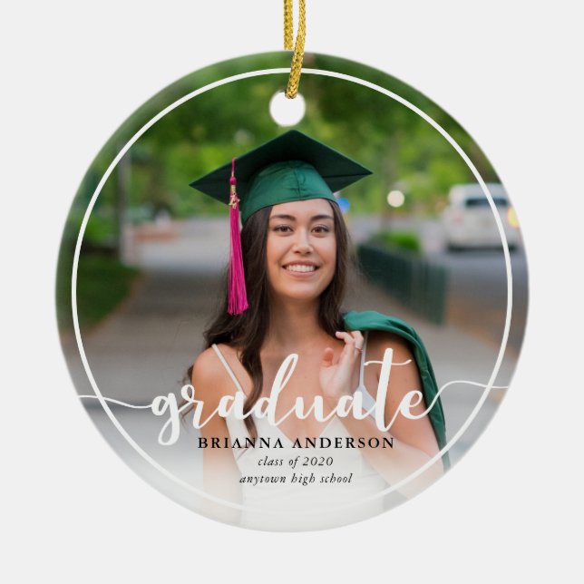 Graduate Photo Calligraphy Ceramic Ornament (Front)