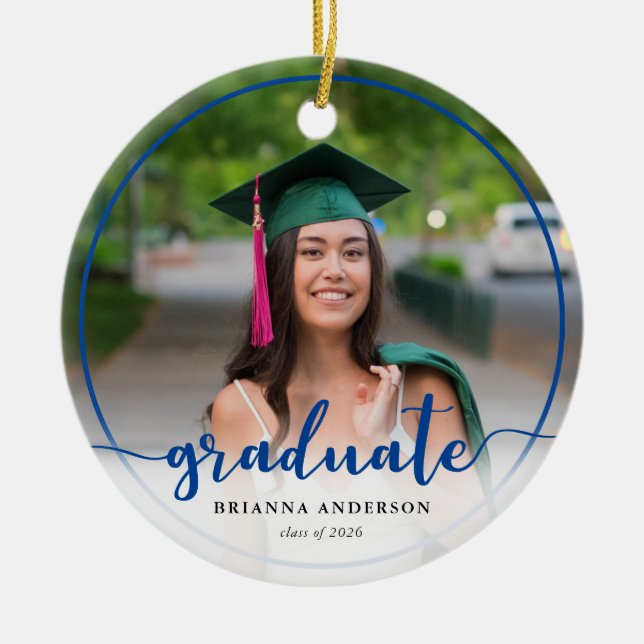 Graduate Photo Calligraphy Dark Blue Ceramic Tree Decoration (Front)