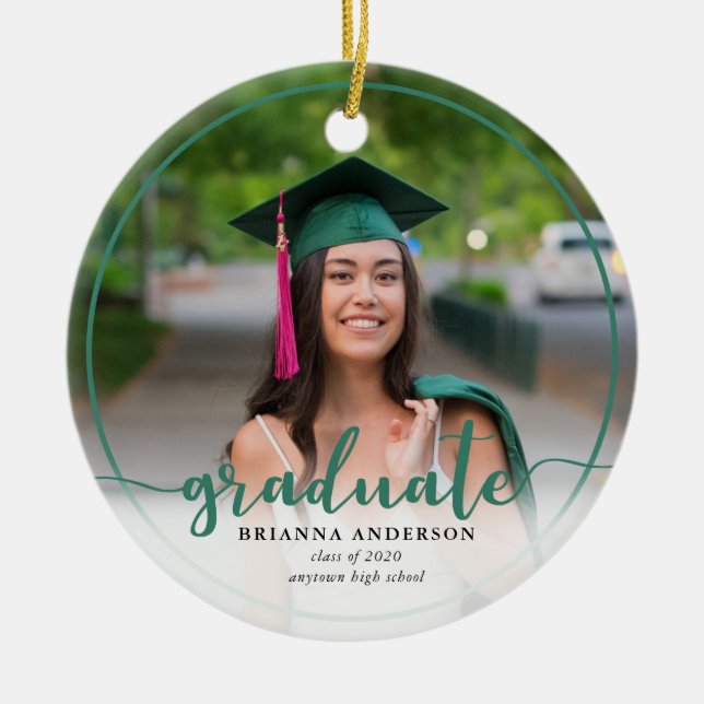 Graduate Photo Calligraphy Dark Green Ceramic Tree Decoration (Front)