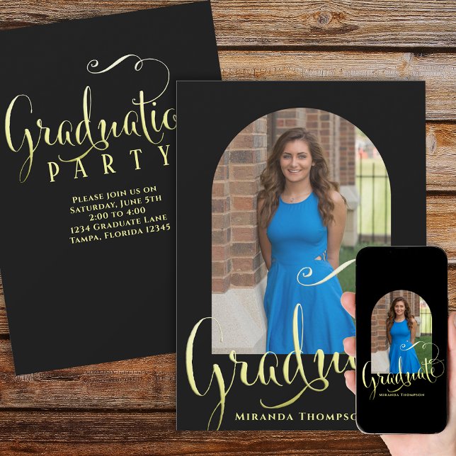 Graduate Photo Calligraphy Script Black Gold Arch Invitation (Creator Uploaded)
