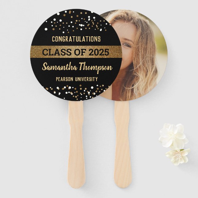 Graduate photo Class of 2025 gold black Congrats Hand Fan (Front and Back)
