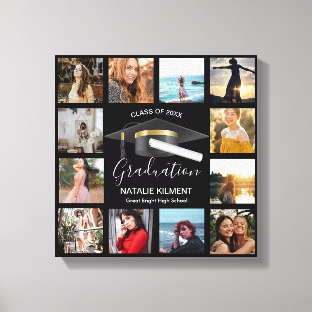 Graduate Photo Collage Black and Gold Graduation Canvas Print (Front)