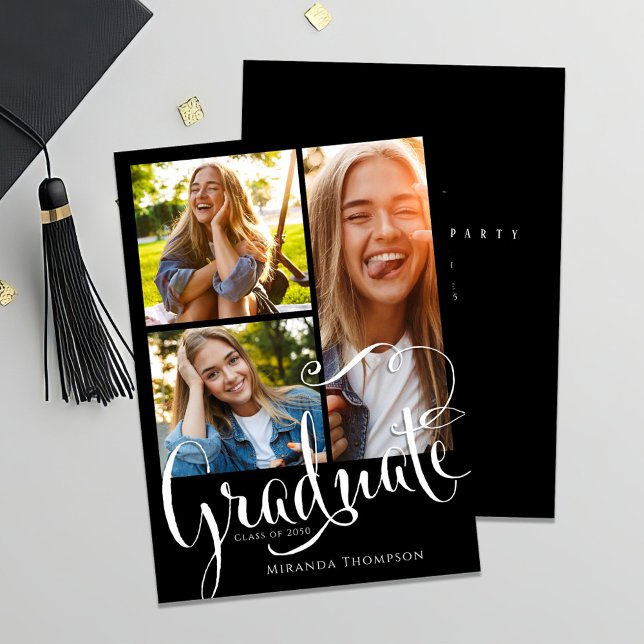 Graduate Photo Collage Calligraphy Script Announcement (Black and white photo collage graduation invitation announcement. )