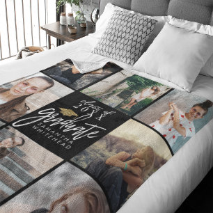 Graduate Photo Collage Gold Glitter Cap Black Fleece Blanket