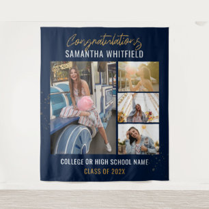 Graduate Photo Collage Navy Blue Party Backdrop Tapestry